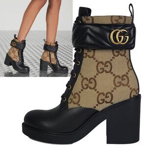 GUCCI BOOTS TRIP GG CANVAS AND LEATHER COMBAT ANKLE BOOTIES sz 41 11